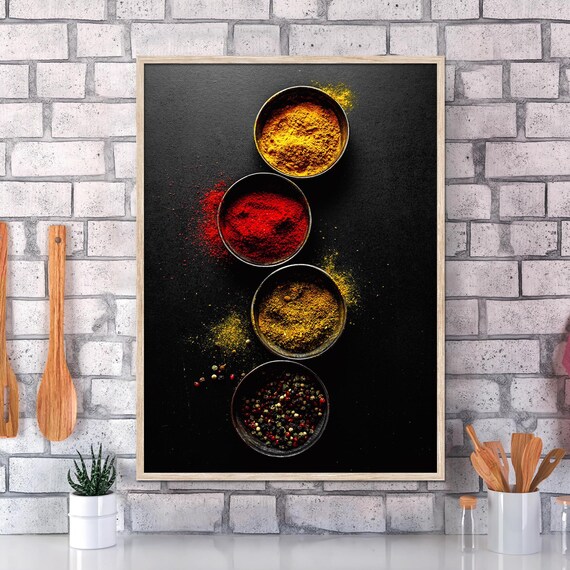 Colorful Spices Art – Food Kitchen Poster, Italian Spanish Herb Print, Rustic Cooking Decor, Aesthetic Minimalist Kitchen Wall Art