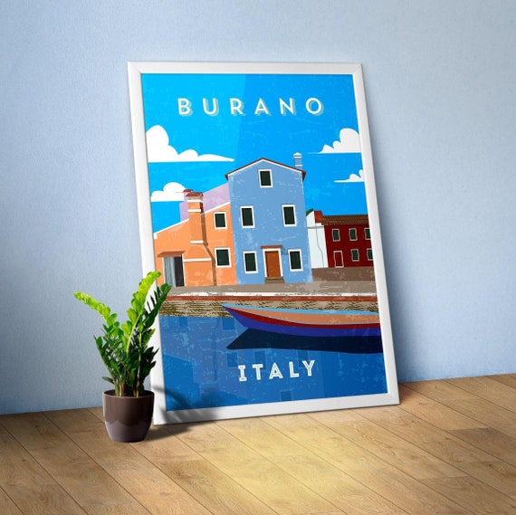 Burano, Italy — Retro travel minimalist poster, retro travel art, retro travel wall art, vector art