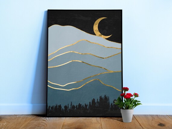 Golden landscape with moon #3 — Japanese golden poster, travel poster, aesthetic poster, landscape poster, wall art print