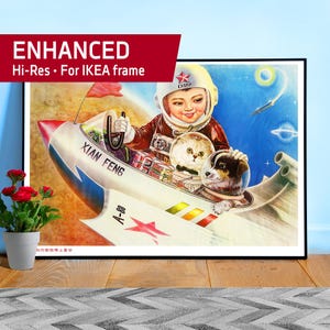 Chinese Space Poster Propaganda: Bringing his playmates to the stars, China 1980 — Retro 1950s sci fi wall art, USSR China rocket print