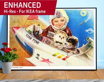 Chinese Space Poster Propaganda: Bringing his playmates to the stars, China 1980 — Retro 1950s sci fi wall art, USSR China rocket print