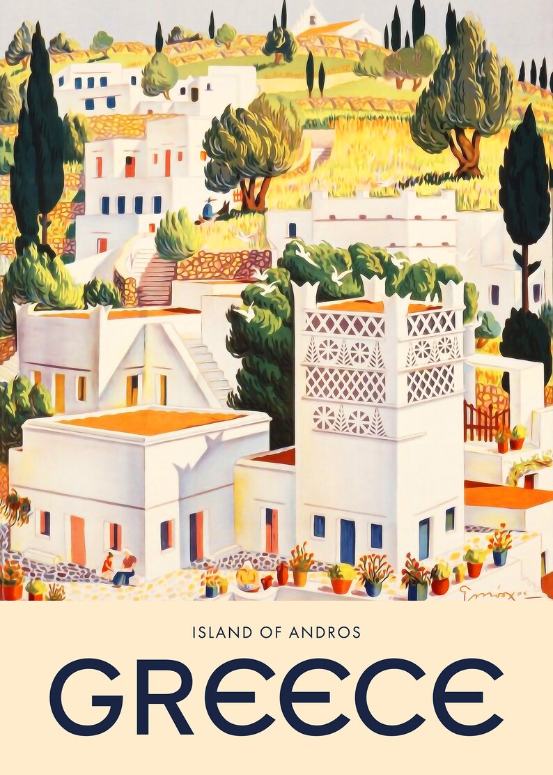 Greece, Andros, 1949 — retro vintage travel poster, retro travel art