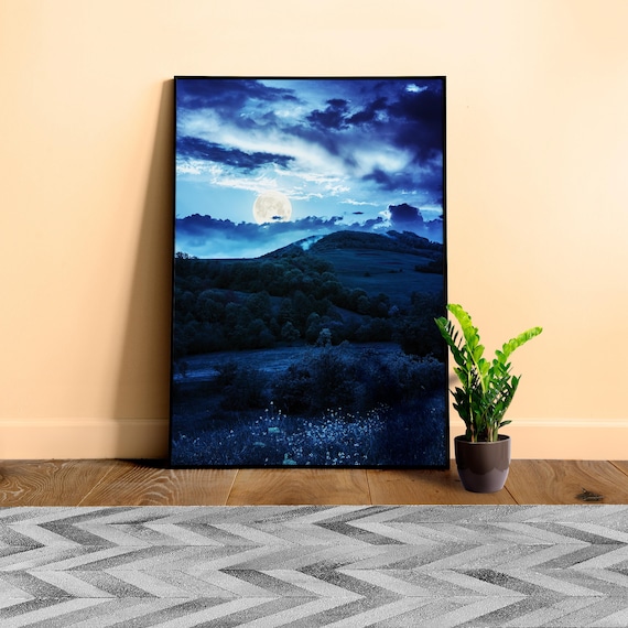 Full Moon wall art – Forest and Mountain Moon Landscape poster, Forest and Mountain Moon photography prints
