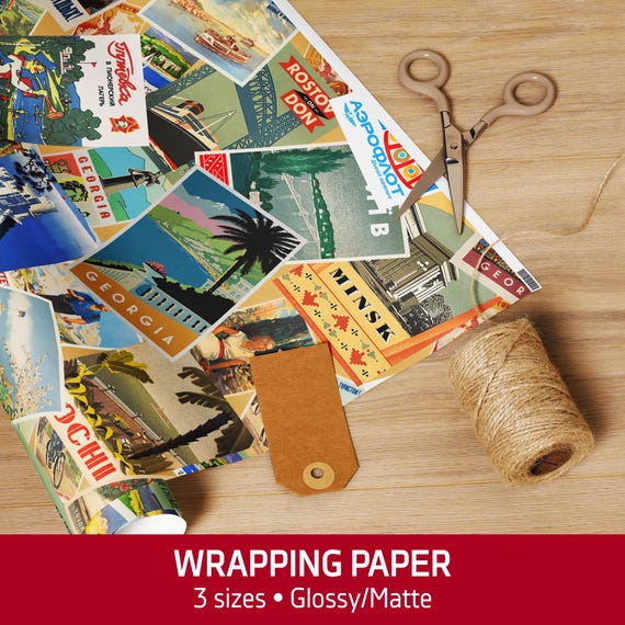 Soviet Retro Travel posters: wrapping paper – Vintage USSR Gift Wrap, Christmas and New Year Art Deco Style, Retro 1950s Holiday Packaging