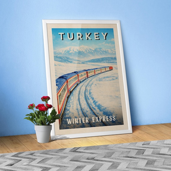 Turkey Winter Express poster – Vintage Travel Print, Snow Train Landscape Wall Art, Retro Turkey Travel Decor