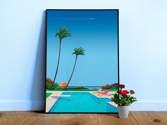 Texas, USA, pool, beach — City Pop art, retrowave/vaporwave poster, 80s, aesthetic poster