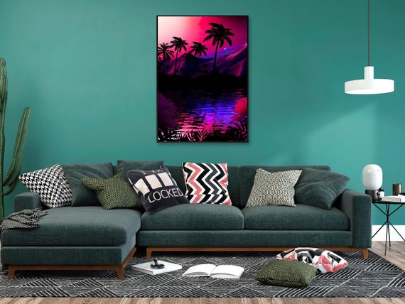 Neon landscape: Pink neon tropical beach [synthwave/vaporwave/cyberpunk] — aesthetic poster, retrowave poster, neon poster