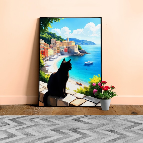 Coastal Village: Black Cat Poster β Mediterranean Wall Art, Italy Coast Painting / Seaside Cat print, Home Decor, Summer Travel Poster