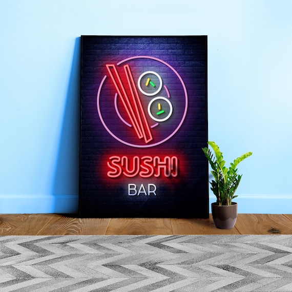 Sushi Neon Sign Poster — Retro bar wall art, glowing pub decor, kitchen print for beer lovers, neon Japan sign
