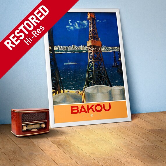 Baku Azerbaijan, USSR 1936 — Soviet retro travel poster, soviet vintage art, propaganda poster