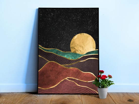 Ukiyo-e Golden landscape with moon — Japanese golden poster, aesthetic travel art print with landscape, 1950s wall decor