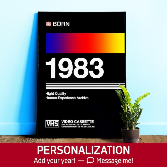 VHS 1983: cassette cover print — Retrowave poster and custom year Gift 1980s. Personalized art with vibe 1990s, Vivid Geometric Nostalgia