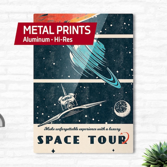 Space Tour — Metal print. Retro space poster, vintage space metal art, like 1950s propaganda poster, 1960s retrofuturism art, retro sci-fi