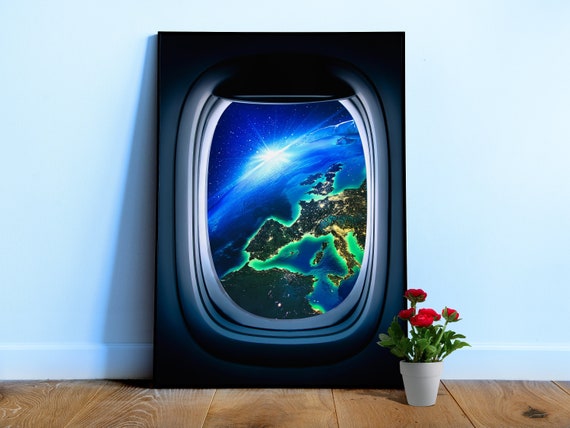 Airplane porthole/window and Earth orbit — Photo paper glossy poster. Space poster, space print, travel gift