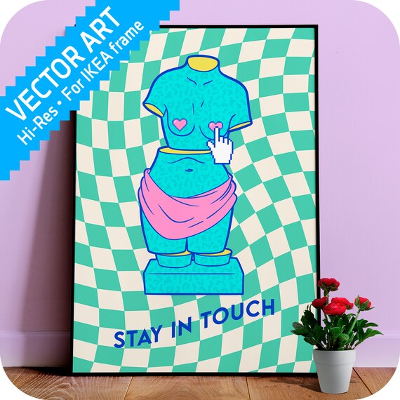 Stay In Touch Poster — Retro quote print, Aesthetic Memphis 80s wall art, bold color pop decor, feel good affirmation, vaporwave design