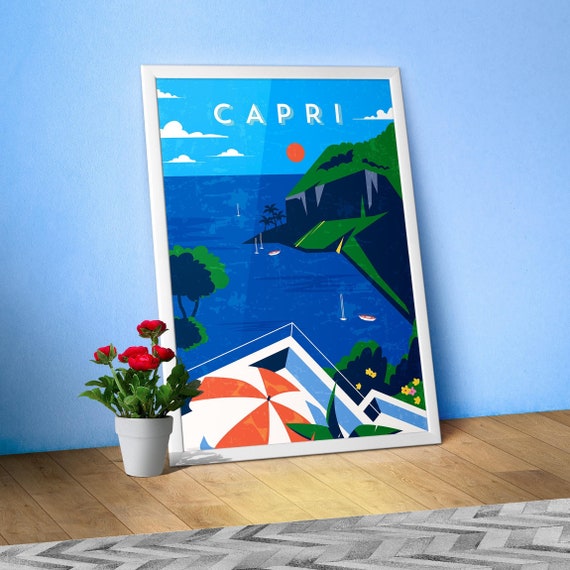 Capri, Italy — Retro travel minimalist poster, retro travel art, retro travel wall art, vector art