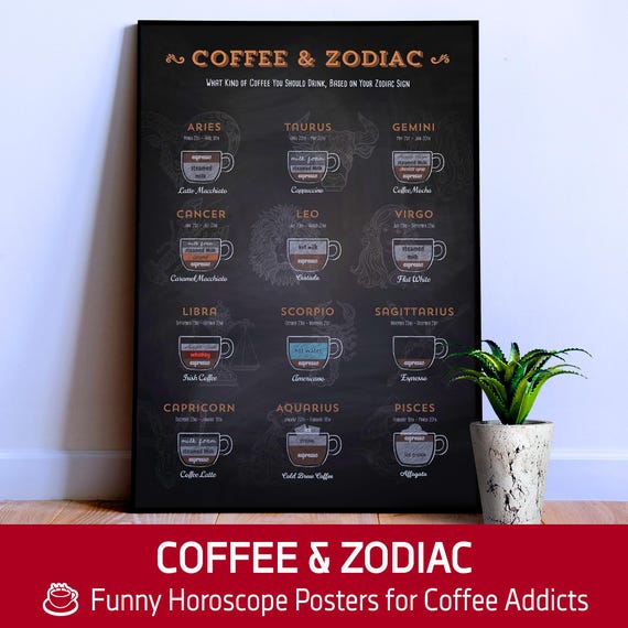 Funny ◾ Coffee Zodiac Poster – Astrology kitchen print #3, zodiac sign art, coffee bar decor, horoscope gift, funny coffee wall poster