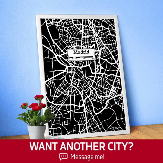 Madrid Spain, Hand Drawn City Map Poster —Black White Modern Urban Art, Print for Travel Lovers and Minimalist Wall Decor, Black city poster
