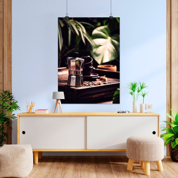 Coffee Beans & Cups Poster — Rustic kitchen wall art, barista photo print, coffee shop decor, warm tone coffee photography