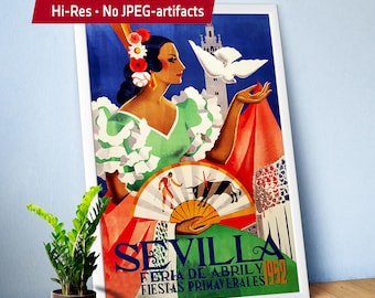 Feria De Abril, Seville, Spain 1952 — Retro travel poster, Vintage print 1950s, propaganda art, flamenco wall decor