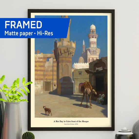Hot Day Cairo: Mosque Front View, 1870s, Jean-Léon Gérôme — Framed poster. Orientalist painting, Islamic Life Scene, Arabic Daily Life