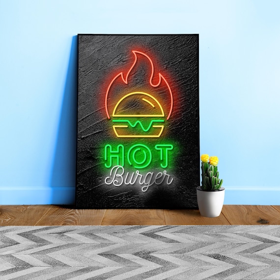 Retro Neon Food Sign Poster: Burger — Neon Food Sign. Wall Art for Kitchen or Cafe Decor, Restaurant Print Gift