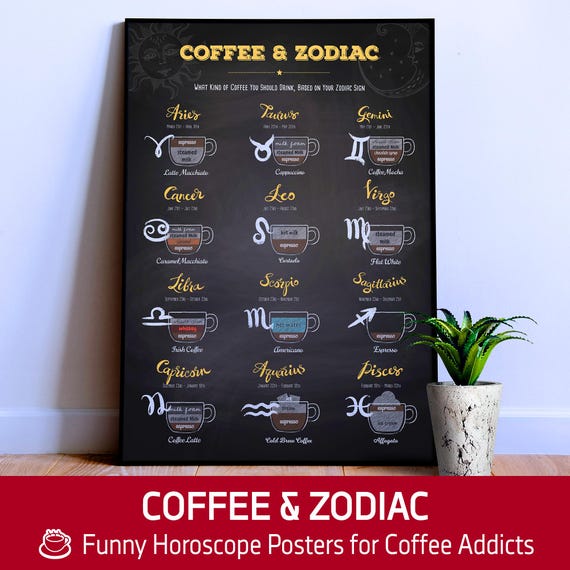 Funny ◾ Coffee Zodiac Poster – Astrology kitchen print #2, zodiac sign art, coffee bar decor, horoscope gift, funny coffee wall poster