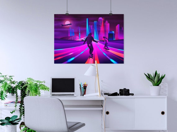 Synthwave Neon City: skaters [synthwave/vaporwave/cyberpunk] — aesthetic poster, retrowave poster, neon poster
