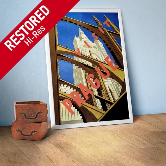 Prague, Czech, 1930s — Retro vintage travel poster, retro travel poster, propaganda poster, art deco poster