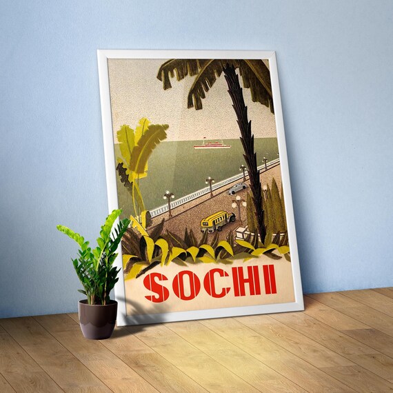Sochi, USSR 1930s — Soviet retro travel poster, soviet retro art print with some propaganda ads, rare poster
