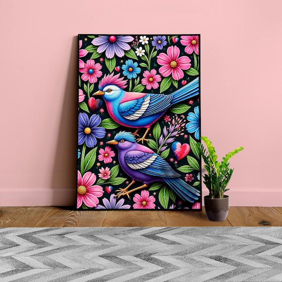 St. Valentines Day colorful poster: Tropical Birds and Flowers Wall Art — Vivid art with Exotic Birds ◾ Vibrant Nature Print for Home Decor