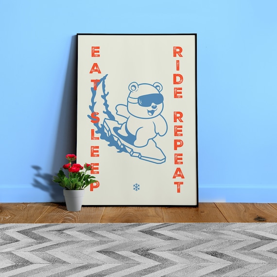 Anime poster: Eat, sleep, ride, repeat / Bear Surfer — sport poster, manga art print, Japanese space wall art, Japan poster, 80s print