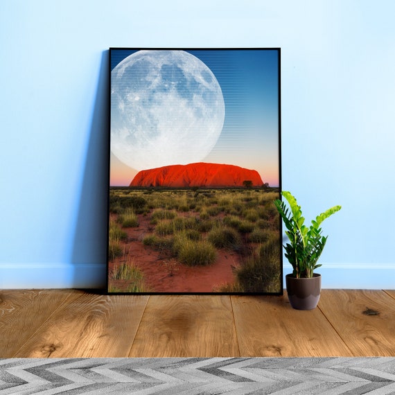 Synthwave Moon & mountain. Australia — space vintage retro collage art, 50s cosmic futuristic sci-fi collage, surreal collage art
