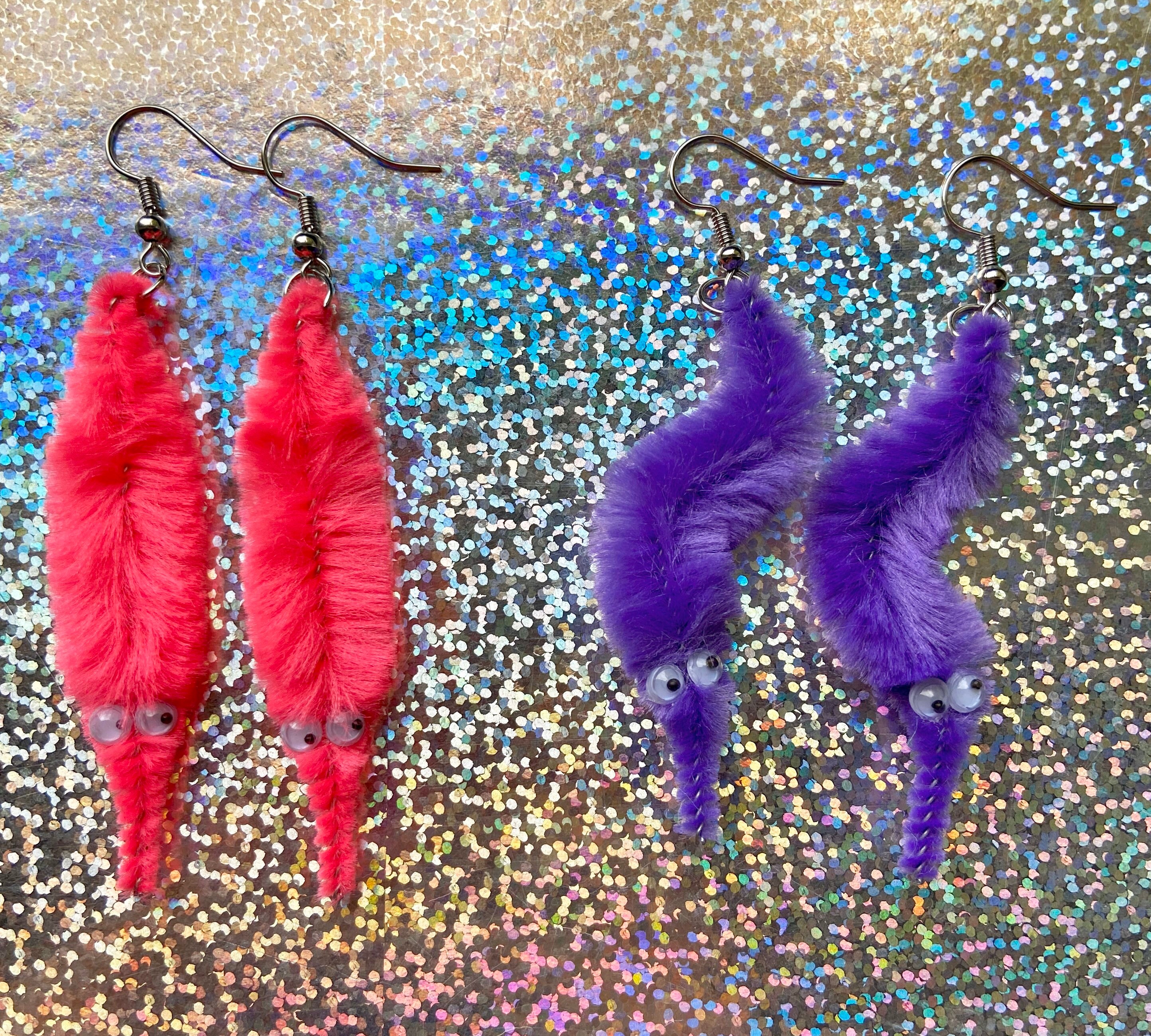 Baby worm on a string earrings