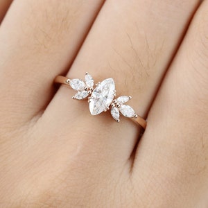 Unique Marquise cut Moissanite engagement ring rose gold Diamond Cluster engagement ring vintage wedding Bridal Anniversary gift for women