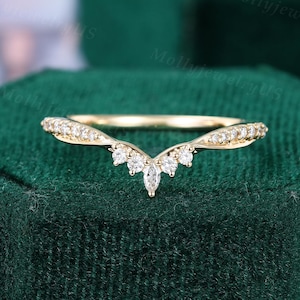 Curved wedding band Vintage yellow gold moissanite ring Marquise cut Diamond wedding ring Twisted matching bridal ring Stacking promise ring