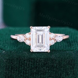 Anillo de compromiso de moissanita de corte esmeralda, anillo vintage de oro rosa, anillo de racimo de diamantes, anillo de bodas para mujer, anillo de novia marquesa, regalo de promesa