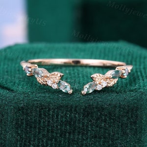 Marquise cut moss agate curved wedding band Rose gold wedding band Open Leaf ring Marriage ring Alexandrite Diamond ring vintage Jewelry