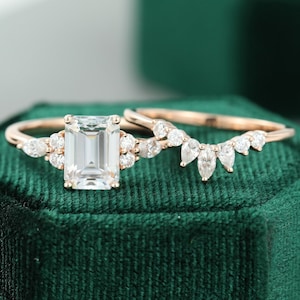 Emerald cut Moissanite engagement ring set Vintage rose gold bridal set Marquise cut diamond wedding ring set Promise ring Anniversary gift