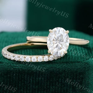 Oval Moissanite engagement ring woman Unique yellow gold engagement ring set simple minimalist Bridal ring Anniversary yellow gold ring set