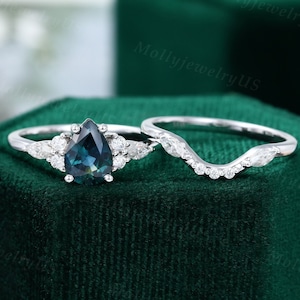 Pear shaped blue green sapphire engagement ring set Vintage white gold moissanite bridal set Marquise cut Diamond cluster ring Marriage ring