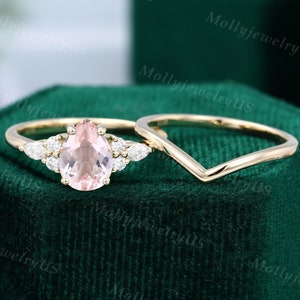 Vintage Pear shaped Morganite engagement ring set Unique Yellow gold Moissanite engagement ring women Bridal diamond ring set Promise ring