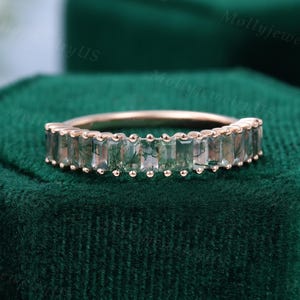 Baguette cut moss agate wedding band Vintage Rose gold wedding ring Half eternity stacking ring Matching promise ring Nature bridal ring