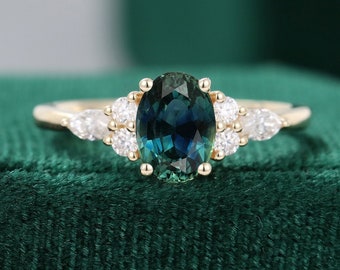 Oval blue green sapphire engagement ring vintage unique Cluster rose gold engagement ring women Marquise diamond wedding moissanite ring