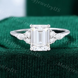 Emerald cut Moissanite engagement ring vintage white gold Unique Marquise Diamond Cluster engagement ring Bridal ring Anniversary ring