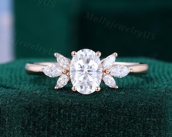 Anello di fidanzamento con moissanite taglio ovale da 1 carato, fede nuziale vintage in oro rosa, anello con grappolo di diamanti taglio marquise, anello di promessa, regalo di nozze per donne