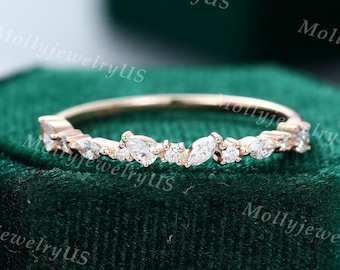 Moissanit vigselring i roséguld vigselring för kvinnor Unik halvevighetsring i marquiseslipad päronformad diamant Vintage smycken Löfte i present