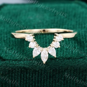 Curved wedding band women vintage yellow gold Marquise cut Diamond Moissanite wedding band unique Pear shaped Bridal Stacking promise gift