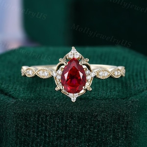 Pear cut 5*7mm ruby engagement ring Yellow gold moissanite bridal ring Half eternity diamond wedding ring Unique ring for women Promise ring