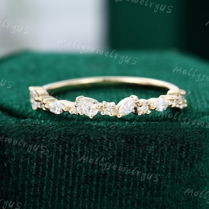 Unique wedding band women Vintage wedding band yellow gold Moissanite/Diamond ring Half eternity Marquise cut Pear shaped Stacking Matching